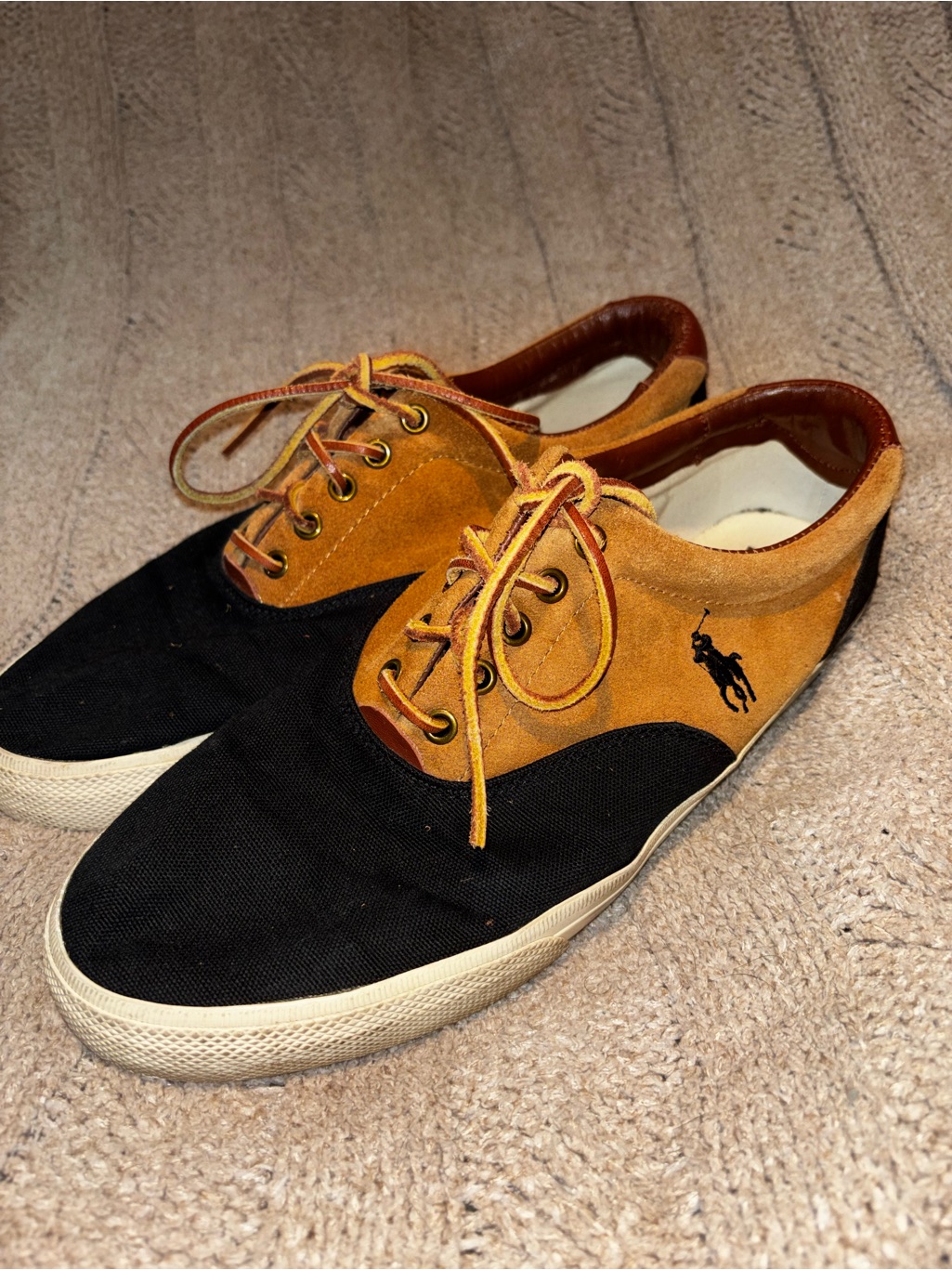 Polo Ralph Lauren Vaughn Saddle Black Tan Suede Canvas Sneakers 11.5d